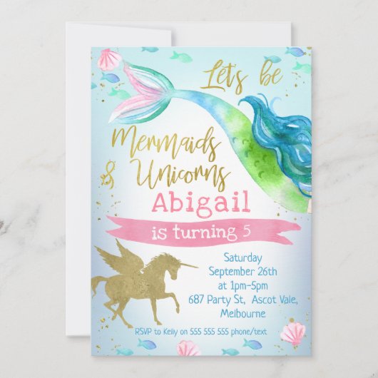 uitnodiging van Mermaid and Unicorn Birthday (Voorkant)