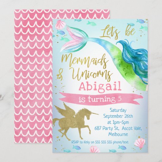 uitnodiging van Mermaid and Unicorn Birthday (Voorkant / Achterkant)