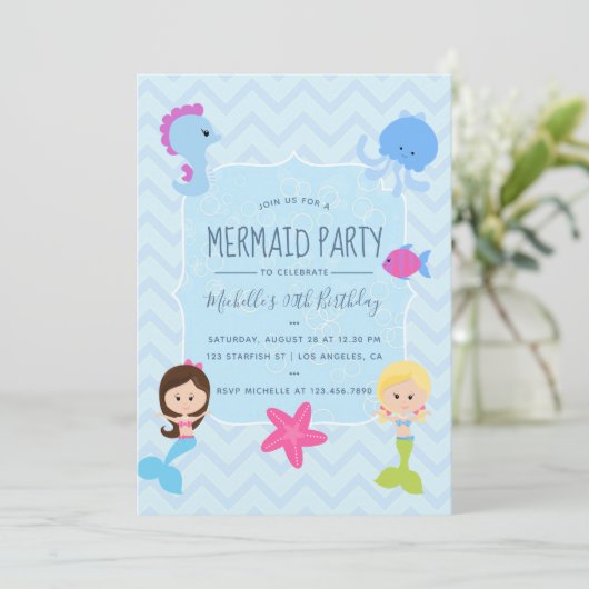 uitnodiging van Mermaid themed Birthday Party (Staand voorkant)
