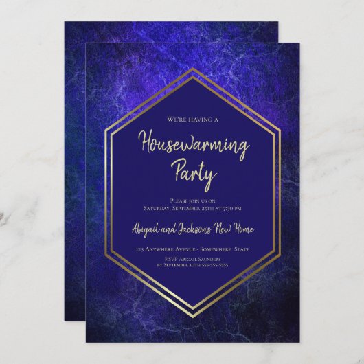 Uitnodiging van Navy Blue en Gold Housewarming Par (Voorkant / Achterkant)