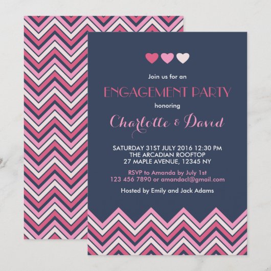 Uitnodiging van Navy Blue Pink Chevron Engagement (Voorkant / Achterkant)