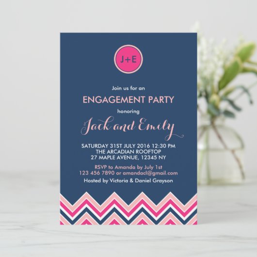 Uitnodiging van Navy Blue Pink Chevron Engagement  (Staand voorkant)