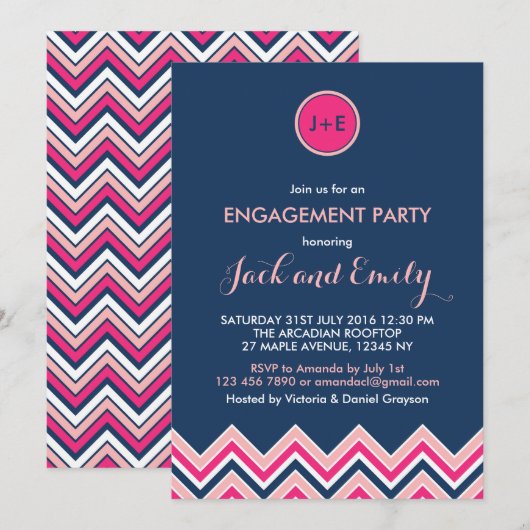 Uitnodiging van Navy Blue Pink Chevron Engagement (Voorkant / Achterkant)