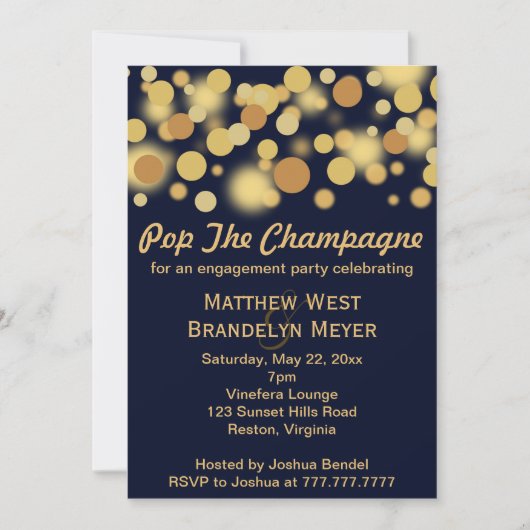Uitnodiging van Navy Champagne Bubbles Engagement  (Voorkant)
