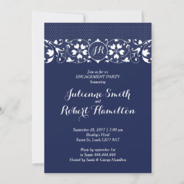 Uitnodiging van Navy Lace Monogram Engagement Part