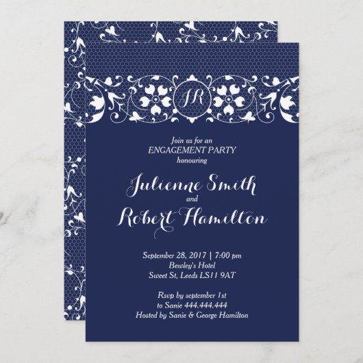 Uitnodiging van Navy Lace Monogram Engagement Part (Voorkant / Achterkant)