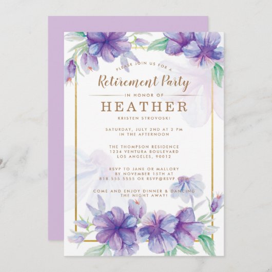 Uitnodiging van Paarse en Gold Retirement Party (Voorkant / Achterkant)