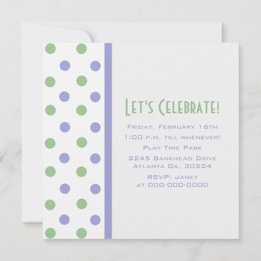 Uitnodiging van Paarse en groene Poolse Dot Party (Achterkant)