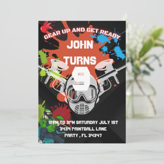 Uitnodiging van Paintball Birthday Party (Staand voorkant)