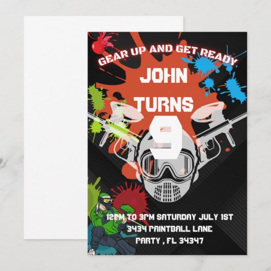 Uitnodiging van Paintball Birthday Party (Voorkant / Achterkant)