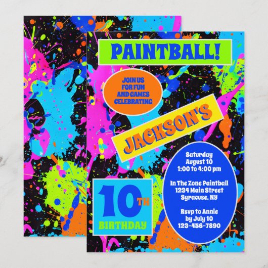 Uitnodiging van Paintball Birthday Party (Voorkant / Achterkant)