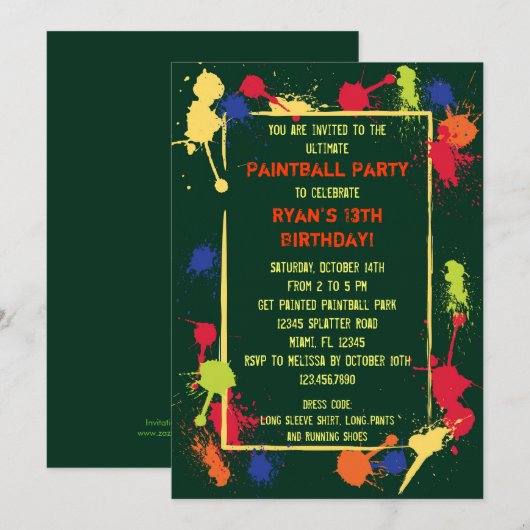 Uitnodiging van Paintball Birthday Party (Voorkant / Achterkant)