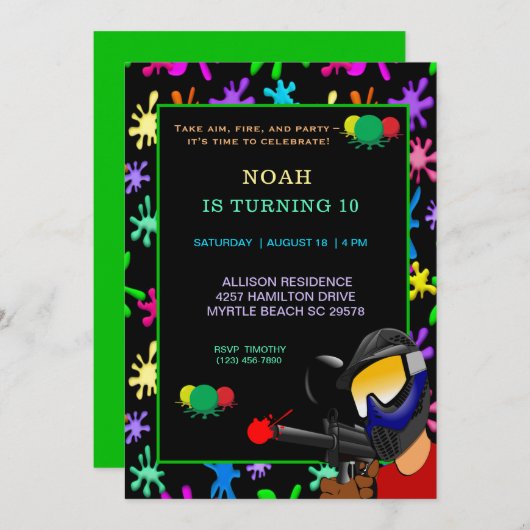 Uitnodiging van Paintball Birthday Party (Voorkant / Achterkant)