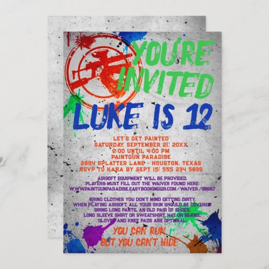 Uitnodiging van Paintball Birthday Party (Voorkant / Achterkant)