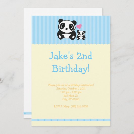 Uitnodiging van Panda - Blauw & Cream (Voorkant / Achterkant)