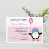 uitnodiging van Penguin Birthday - Girl Pink (Wint (Staand voorkant)