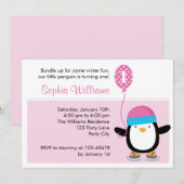 uitnodiging van Penguin Birthday - Girl Pink (Wint (Voorkant / Achterkant)