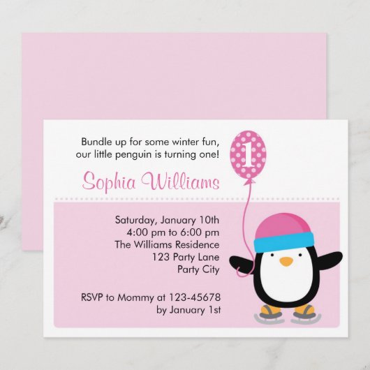 uitnodiging van Penguin Birthday - Girl Pink (Wint (Voorkant / Achterkant)