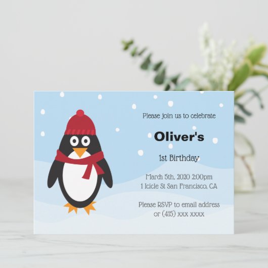 uitnodiging van Penguin Birthday voor de winter va (Staand voorkant)