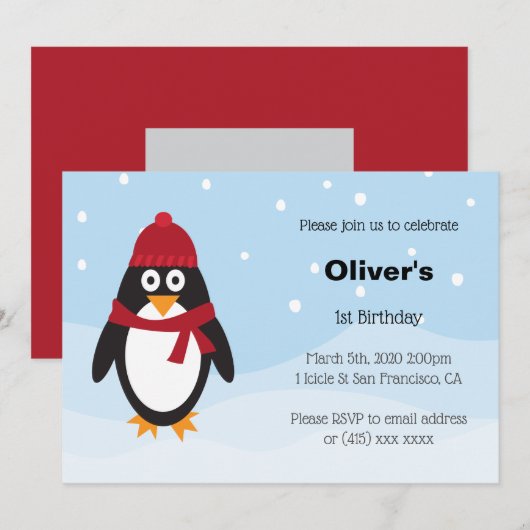 uitnodiging van Penguin Birthday voor de winter va (Voorkant / Achterkant)
