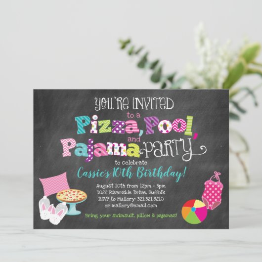 Uitnodiging van Pizza, Pool en Pajama (Staand voorkant)