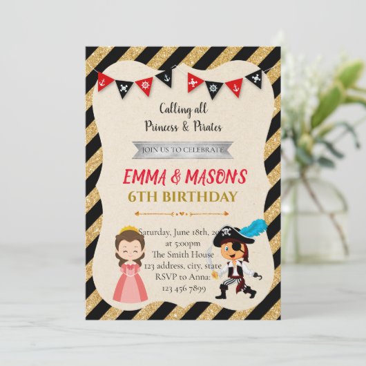 Uitnodiging van prinses en piraten (Staand voorkant)