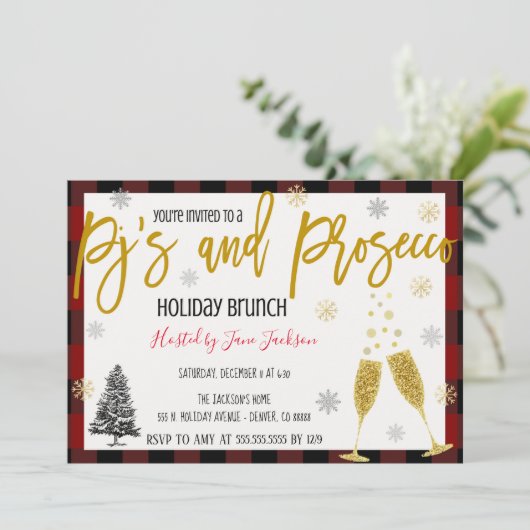 Uitnodiging van pyjama's en prosecco-kerstfeestjes (Staand voorkant)