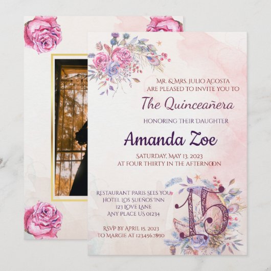 uitnodiging van Quinceañera (Voorkant / Achterkant)