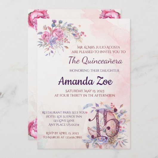 uitnodiging van Quinceañera (Voorkant / Achterkant)