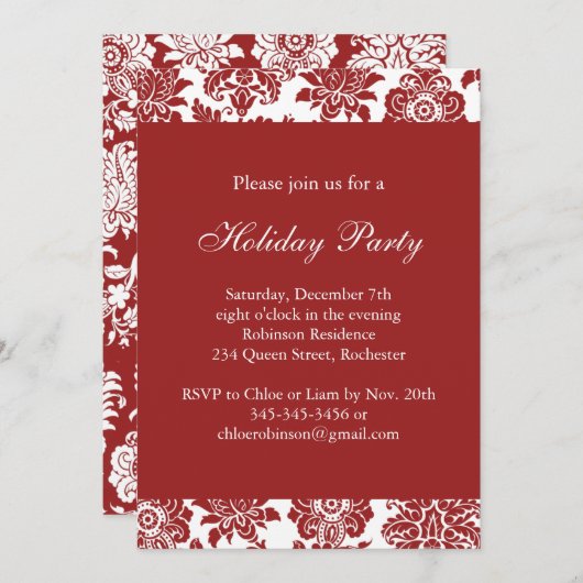 Uitnodiging van Red Damask Holiday Party (Voorkant / Achterkant)
