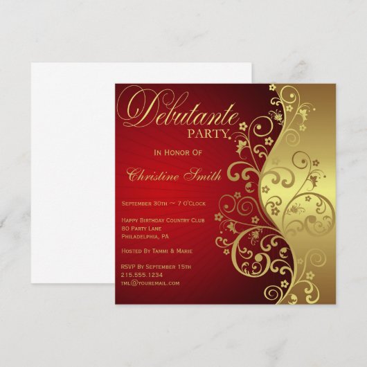 Uitnodiging van Red & Gold Debutante Party (Voorkant / Achterkant)