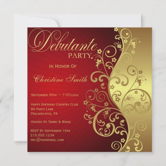 Uitnodiging van Red & Gold Debutante Party (Voorkant)