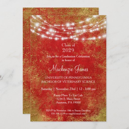 Uitnodiging van Red Gold Lights Graduation Party (Voorkant / Achterkant)