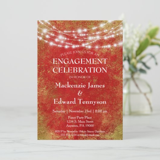 Uitnodiging van Red Gold String Lights Engagement  (Staand voorkant)