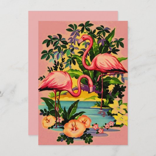  uitnodiging van Retro Flamingos Pool (Voorkant / Achterkant)