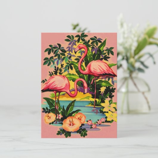  uitnodiging van Retro Flamingos Pool (Staand voorkant)
