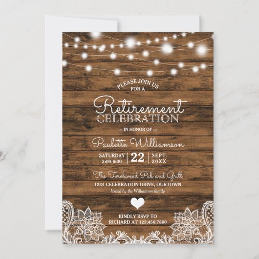 Uitnodiging van Rustic String Lights Retirement Pa (Voorkant)