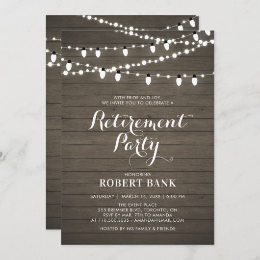 Uitnodiging van Rustic Wood & Lights Retirement Pa (Voorkant / Achterkant)