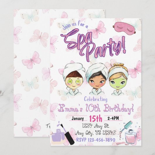 Uitnodiging van Spa Party Birthday (Voorkant / Achterkant)