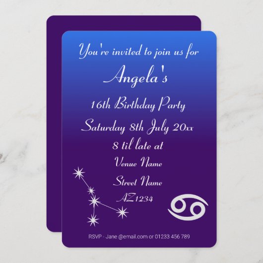 Uitnodiging van speciale Zodiac Cancer Galaxy Part (Voorkant / Achterkant)