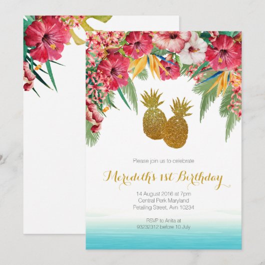 Uitnodiging van Tropical Summer Birthday (Voorkant / Achterkant)