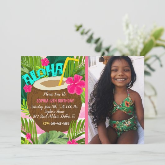Uitnodiging van Tropische Aloha Birthday (Staand voorkant)