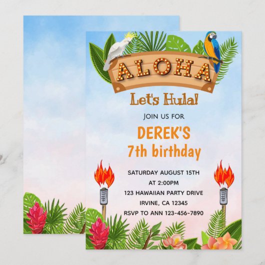 Uitnodiging van Tropische Aloha Parrots Birthday (Voorkant / Achterkant)