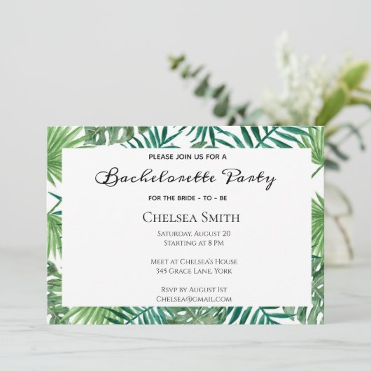 Uitnodiging van Tropische Leaves Bachelorette (Staand voorkant)