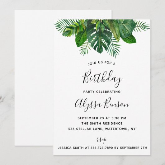 Uitnodiging van Tropische Leaves Birthday (Voorkant / Achterkant)