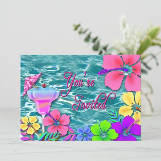 Uitnodiging van tropische partijen - water/bloemen (Staand voorkant)
