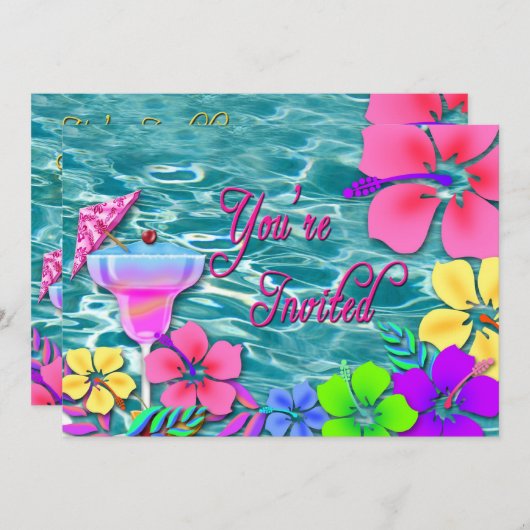 Uitnodiging van tropische partijen - water/bloemen (Voorkant / Achterkant)