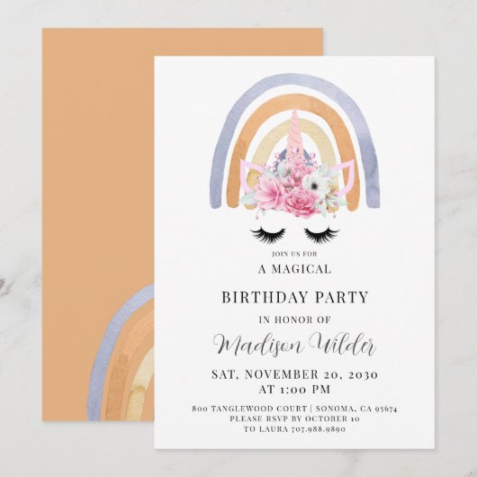 Uitnodiging van Unicorn en Rainbow Kind om de dag (Voorkant / Achterkant)