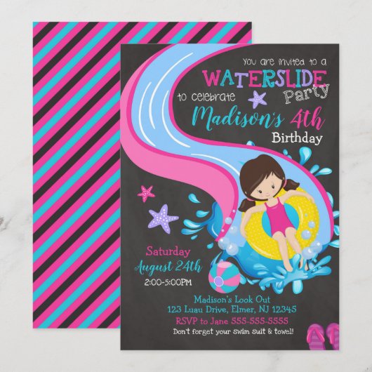 Uitnodiging van waterdag/poolpartij/meisje (Voorkant / Achterkant)