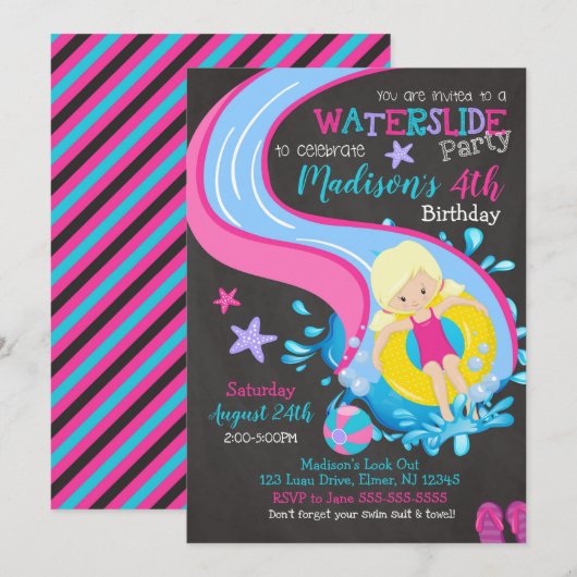 Uitnodiging van waterdag/poolpartij/meisje (Voorkant / Achterkant)